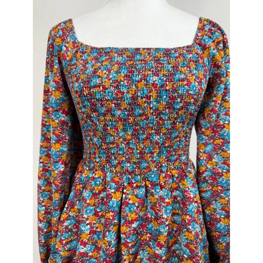 BTFBM Women's Mini Dress Floral Smocked Tiered Cottagecore Square Neck Small NWT
